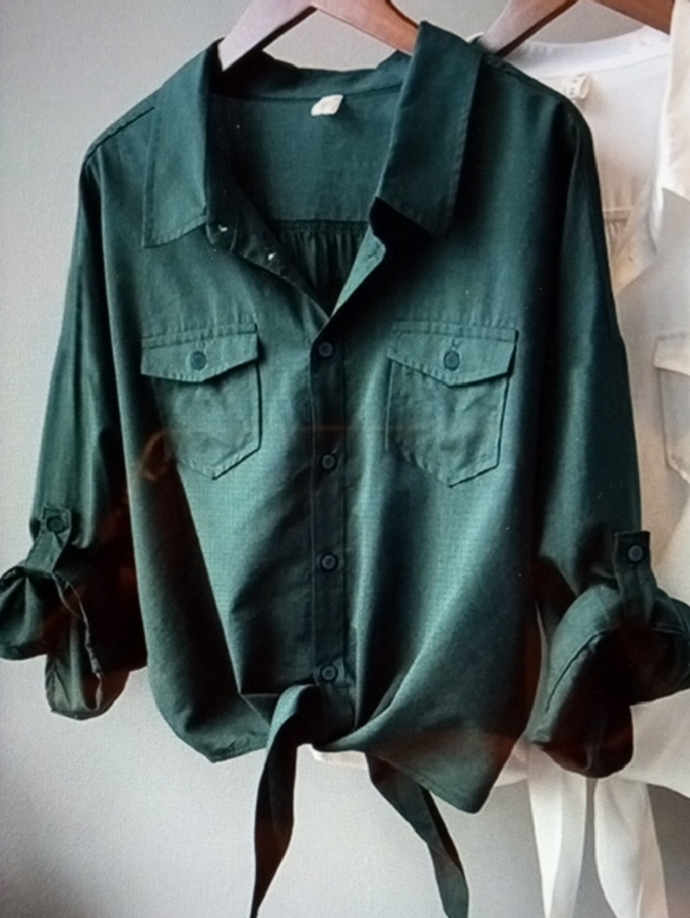 Women's Dark Green Casual Tie Waist Top with Adjustable Sleeves Size Small